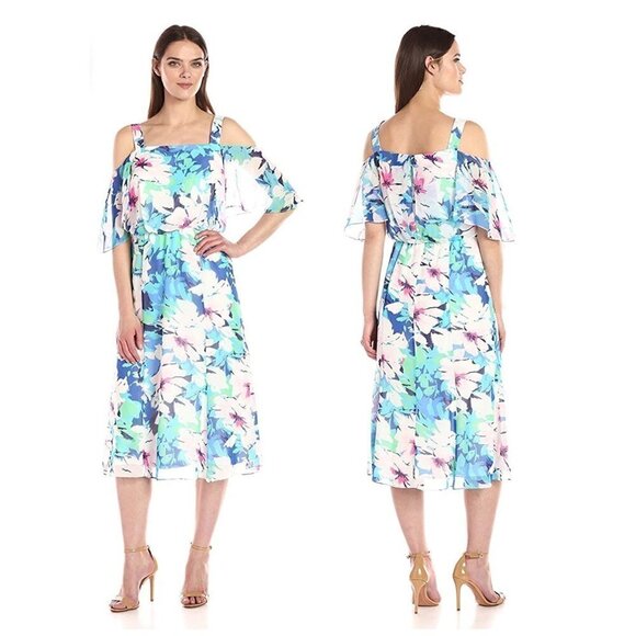 Nine West Midi Dress Tropical Floral Cold Shoulder Flutter Sleeve Womens Size 12 - Picture 2 of 10